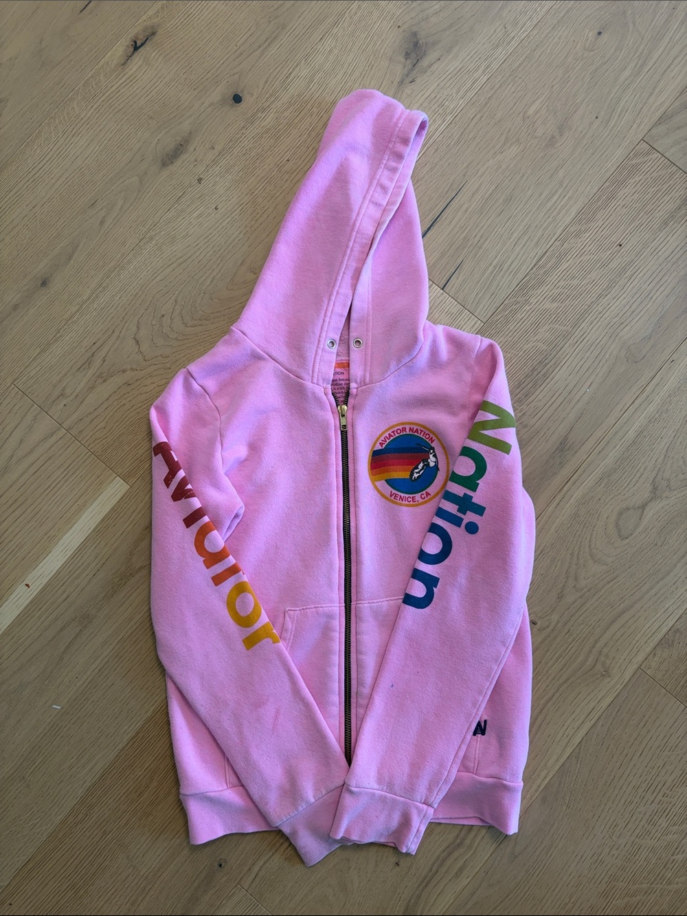 Aviator Nation Pink Kids Zip Hoodie with Rainbow Badge - size 12